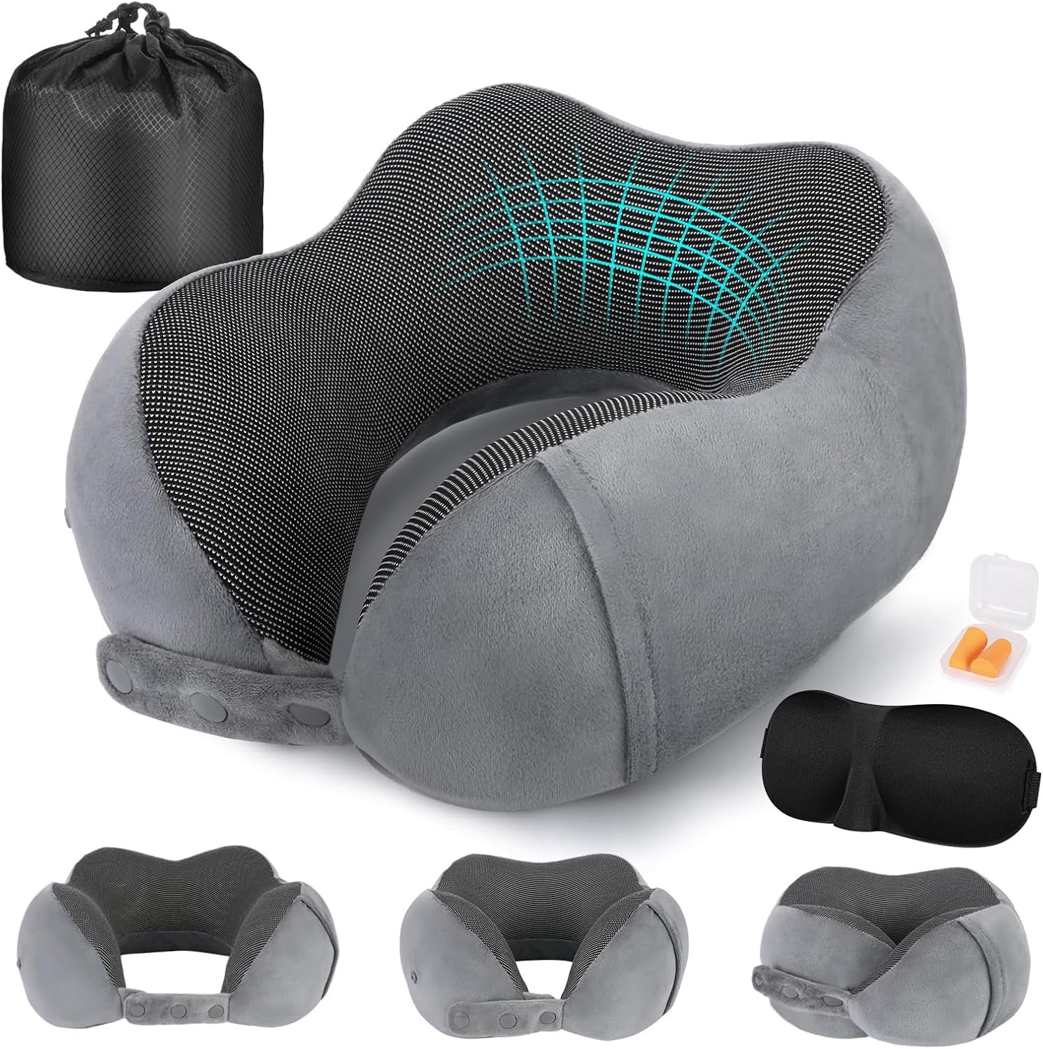 Cirorld Neck Pillow for Traveling, Travel Pillows for Airplanes Grey | 100% Memory Foam Travel Neck Pillow, Adjustable Flight Pillow, Portable Plane Accessories with Eye Mask, Earplugs, Carry Bag
