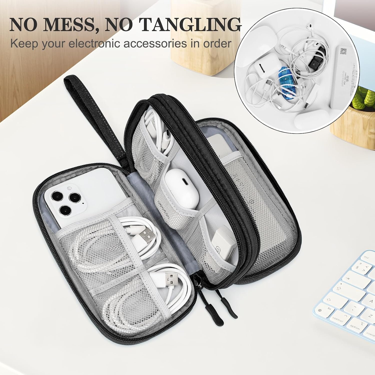 FYY Electronic Organizer, Travel Tech Pouch Bag, Cable Organizer Black | Wrist Strap, Waterproof, Double Layers Portable Electronics Travel Carrying Case for Cord, Charger, Daily Business Trips Use - Image 5