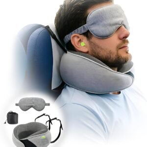 Travel Pillow for Long Flight Airplanes, Adjustable Memory Foam Neck Support Headrest w Head Strap & Eye Mask for Sleep, 360°Support Prevent Head Bobbing, w Earplug Pocket&Earplugs, Carry Bag