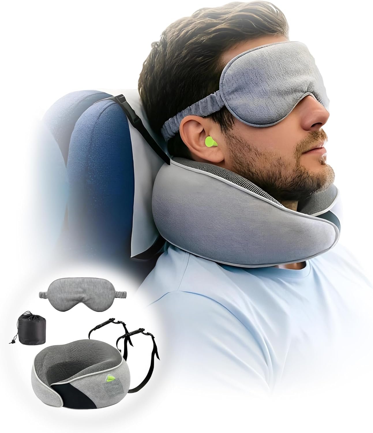Travel Pillow for Long Flight Airplanes, Adjustable Memory Foam Neck Support Headrest w Head Strap & Eye Mask for Sleep, 360°Support Prevent Head Bobbing, w Earplug Pocket&Earplugs, Carry Bag