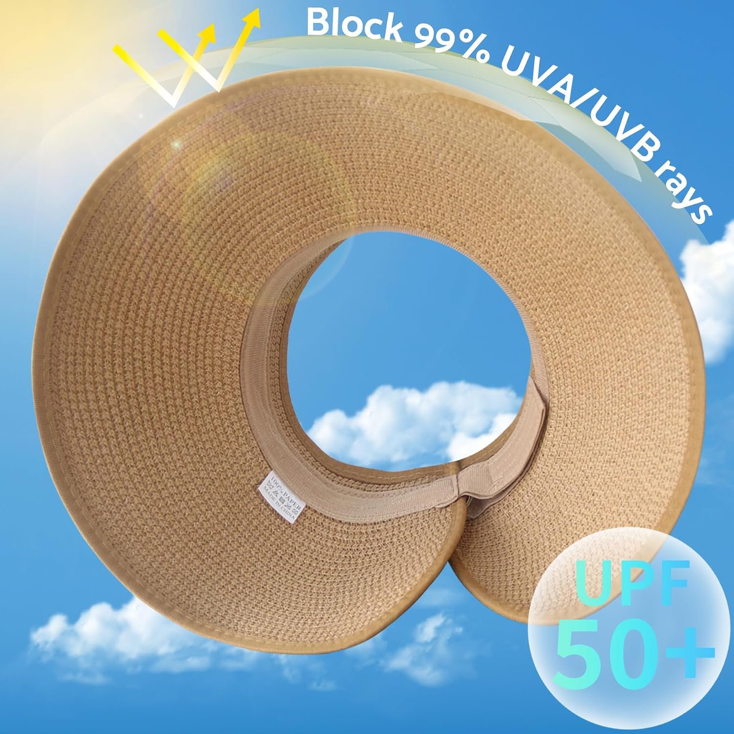 NPJY Sun Hats for Women Wide Brim Roll-Up Ponytail Packable Straw Visor | Wide Brim Hat with Open-Top Design, Packable & Foldable for Travel Beach Garden Gift - Image 2