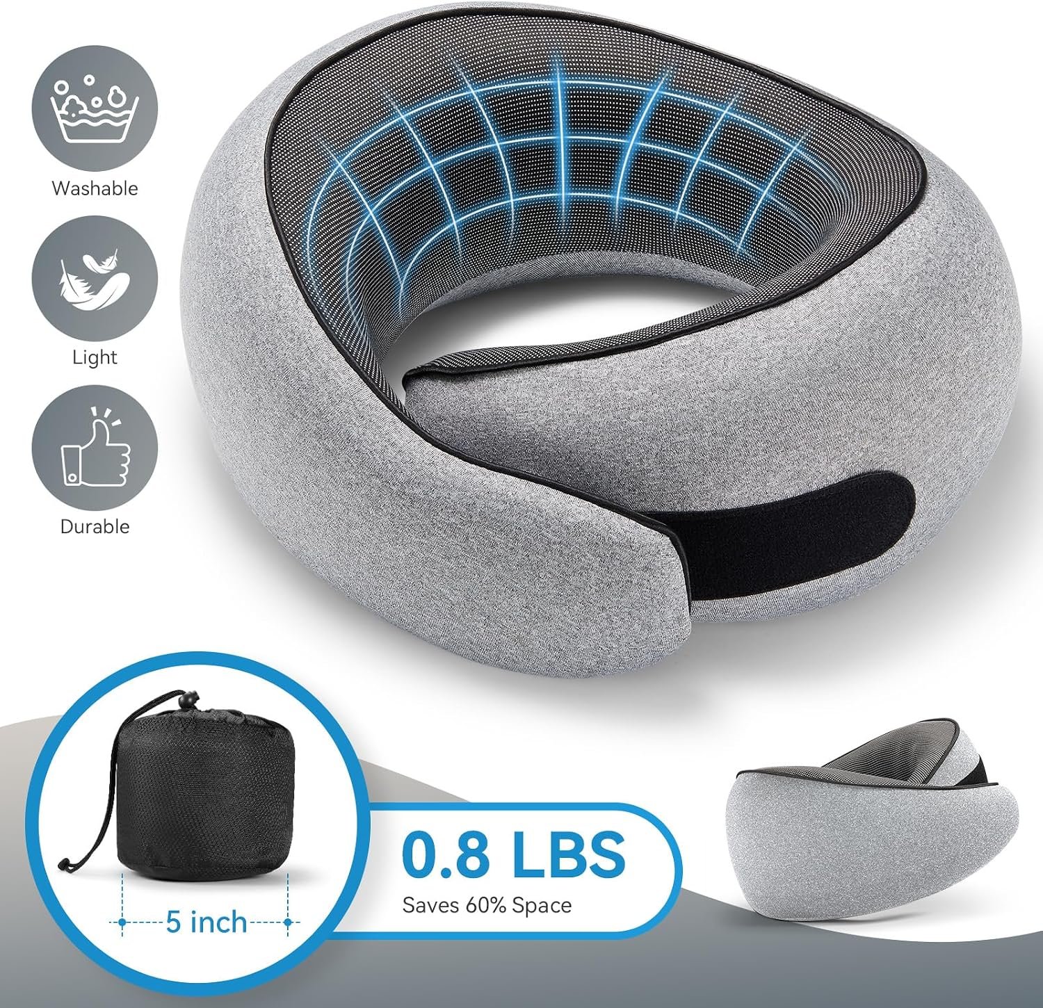 SZXYX Travel Pillows - 100% Pure Memory Foam Neck Pillow for Airplanes, Comfortable Breathable Cover, 360° Support Stowable Pillows for Sleeping, Car, Airport Travel Essentials Dark Gray - Image 4
