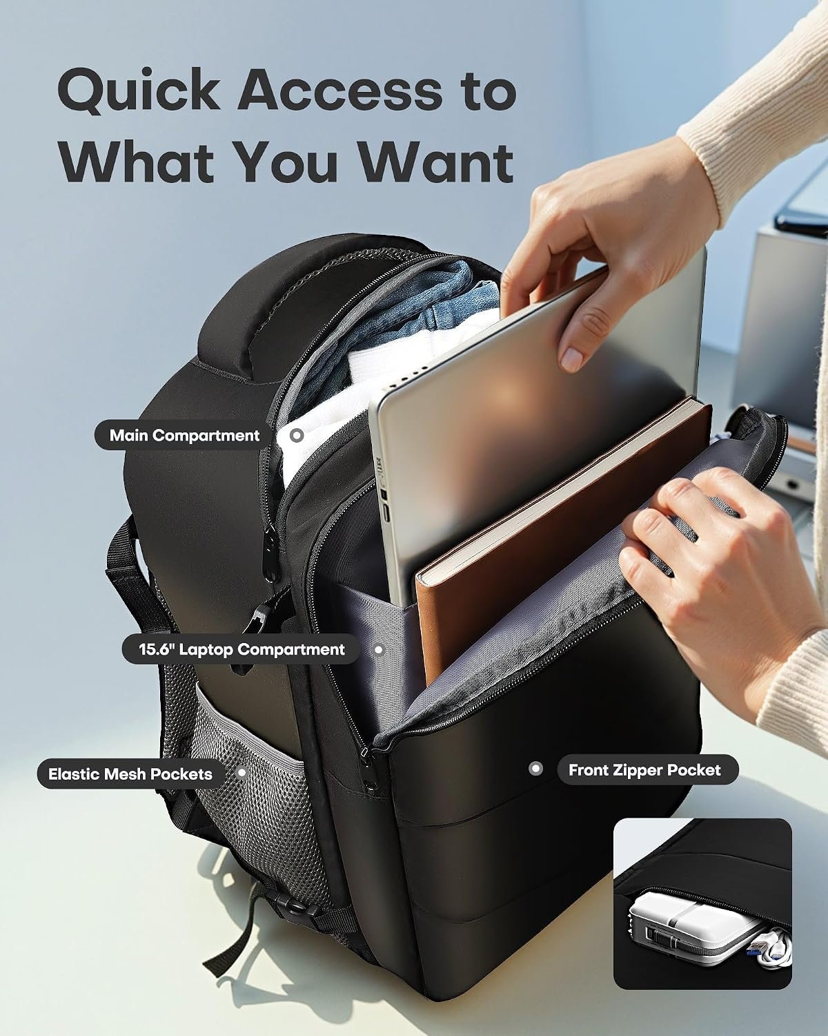 HOTOR Travel Backpack Flight Approved Bag Men Women, Medium Black | TSA Carry on Luggage, 15.6inch Laptop, Casual Daypack Travel Essentials Nurse Bag for Work, Business, Weekender, College - Image 4