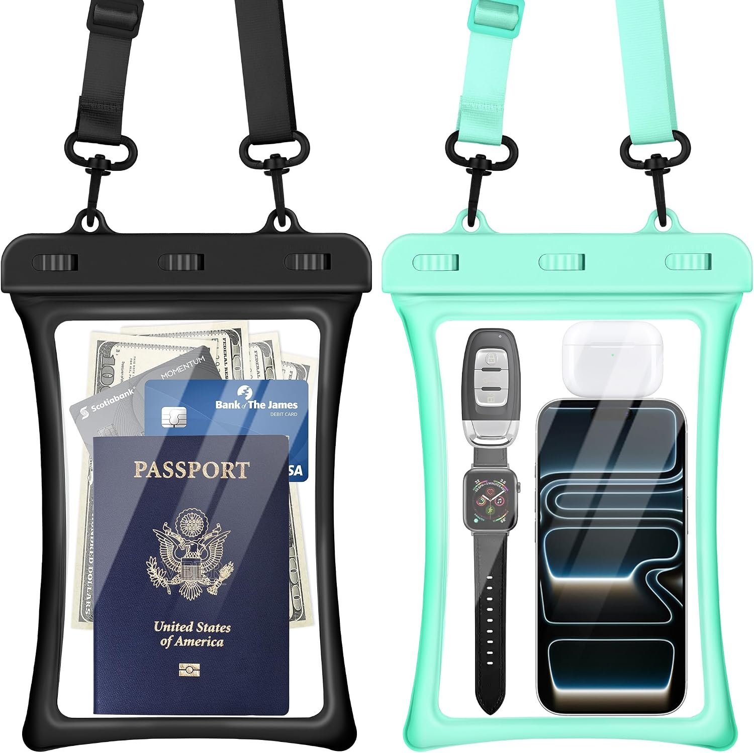 CACOE Floatable Waterproof Phone Pouch 2 Pack Up to 10.0", Black+Green | Floatable, IPX8 Waterproof Phone Case,Adjustable Lanyard,Dry Bags for Beach/Cruise/Travel/Camping/Kayak/Vacation Essentials