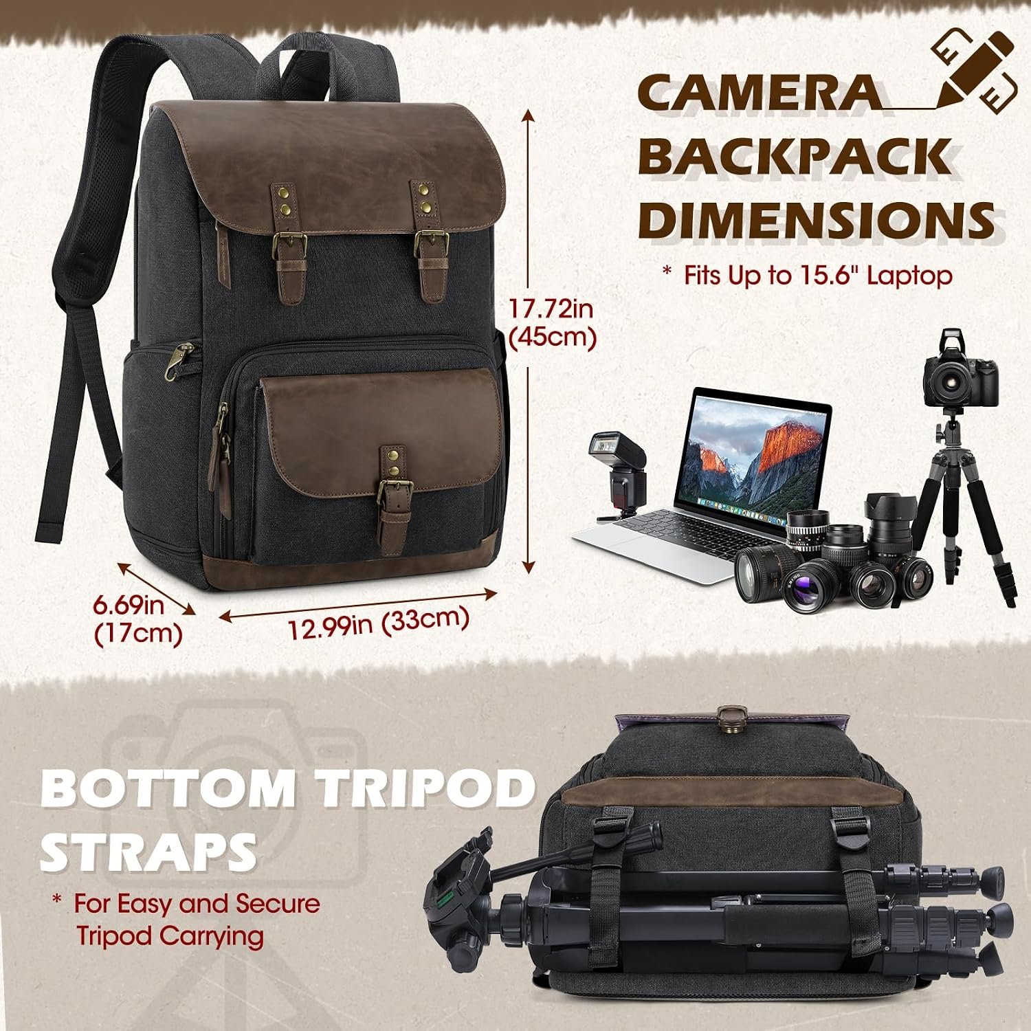 RAINSMORE Vintage Camera Bag with Side Access for DSLR/SLR Mirrorless | 25L Waterproof 15.6 Inch Laptop Photography Backpack with Rain Cover & Tripod Holder Anti-theft Camera Bags for Photographers - Image 6