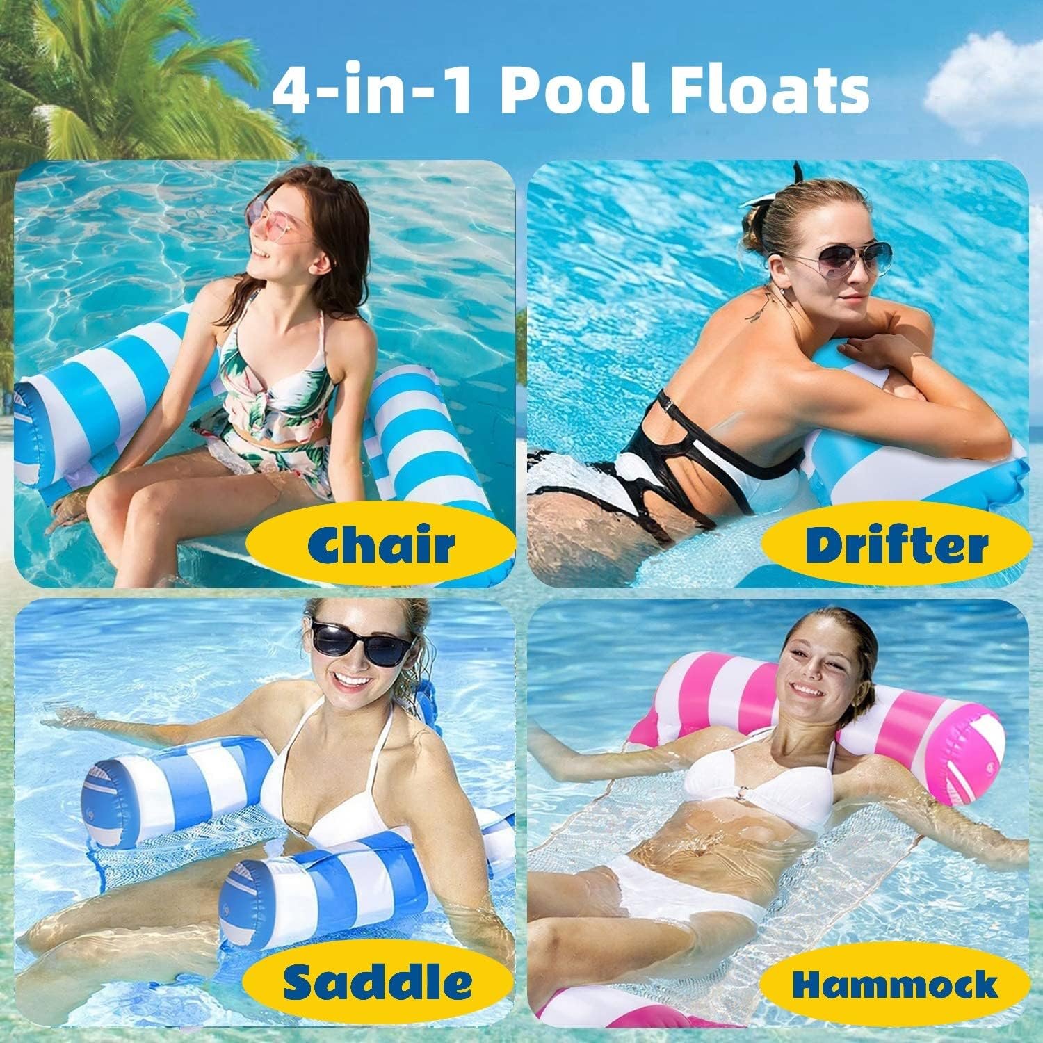 4 Pack Upgrated XL Water Pool Floats, 4-in-1 (Hammock, Saddle, Lounge Chair, Drifter) Multi-Purpose Water Pool Float, Non-Stick PVC Material. - Image 2