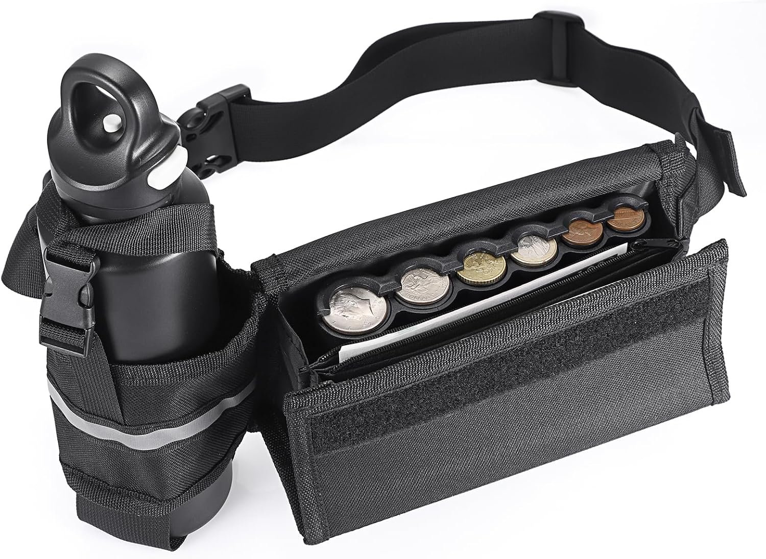 BSTKEY US Coin Holder Coin Dispenser with Water Bottle Holder, Fanny Pack with Banknote Waiters Purse Coin Sorter Coin Organizer, Black Coin Storage Bag with Belt for Waitress Serve Hiking Walking
