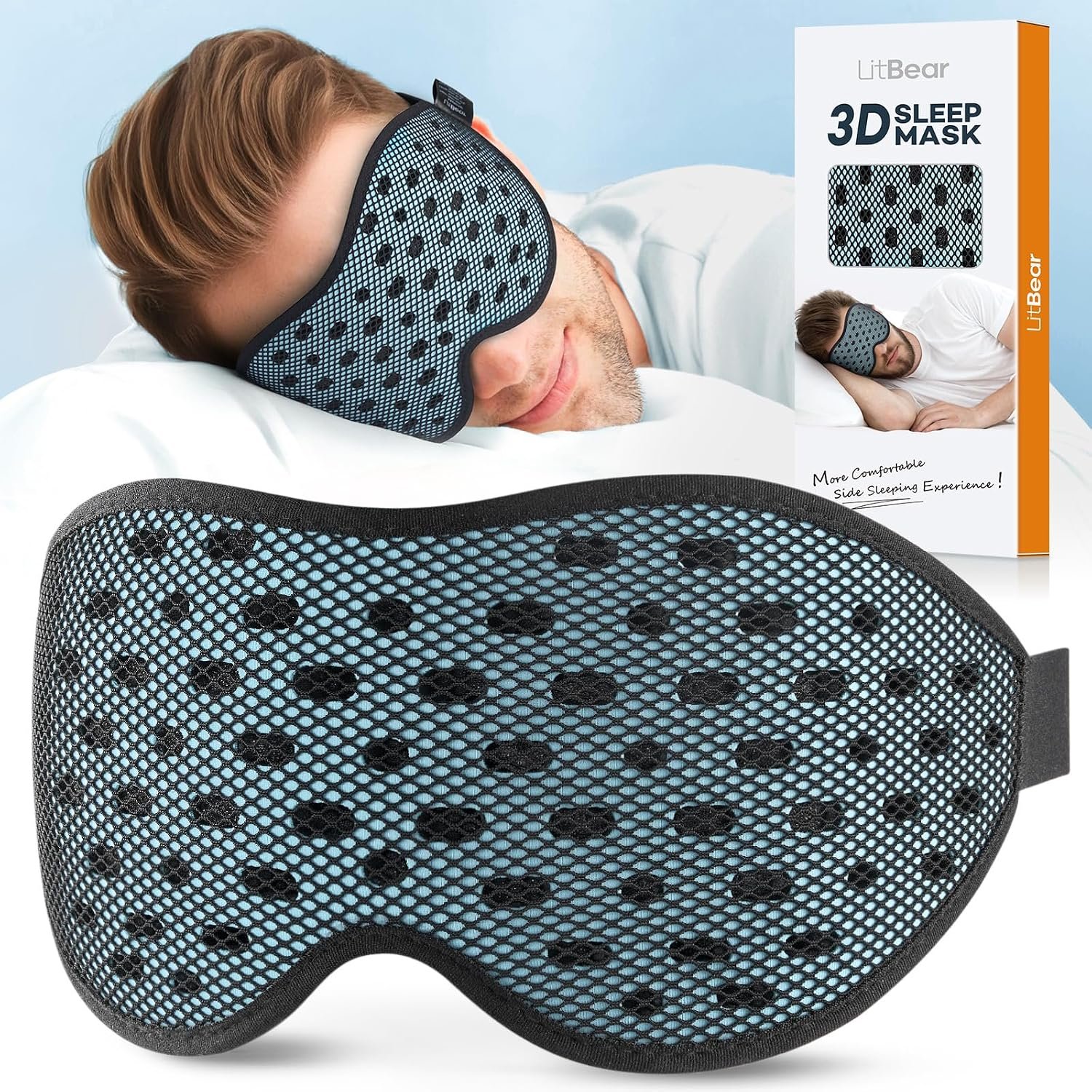 LitBear Breathable Sleep Mask, 3D Eye Mask Sleep for Side Sleeper Women Men | Light Blocking Sleeping Mask with Adjustable Strap, Soft Lightweight Eye Cover for Travel, Night Work, Nap -Ice Blue