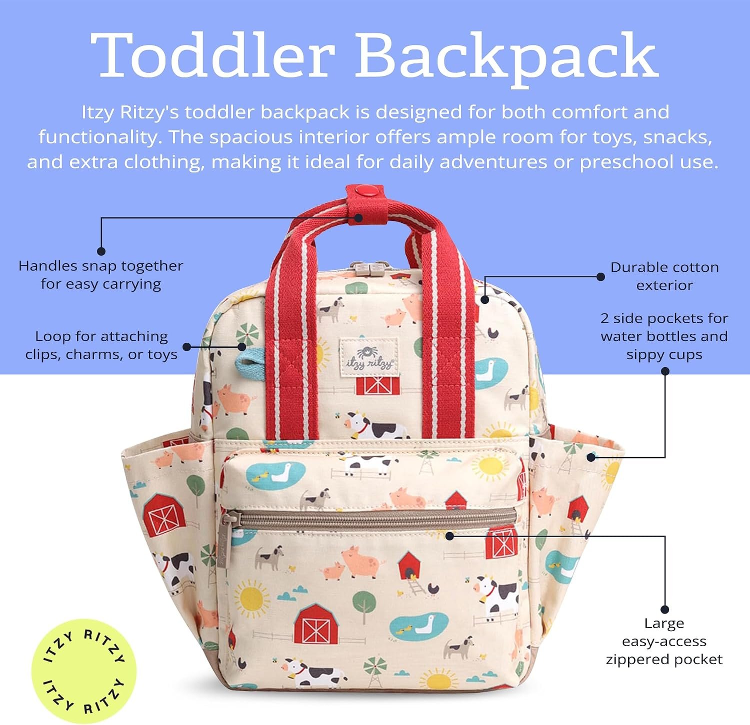 Itzy Ritzy Toddler Backpack, Baby Daycare Bag w/Spacious Interior (Farm) | Adjustable Straps, Wipeable Lining, 2 Side Pockets, Front Zipper, & Name Label - Keeps Essentials Organized for Daily Travel - Image 2