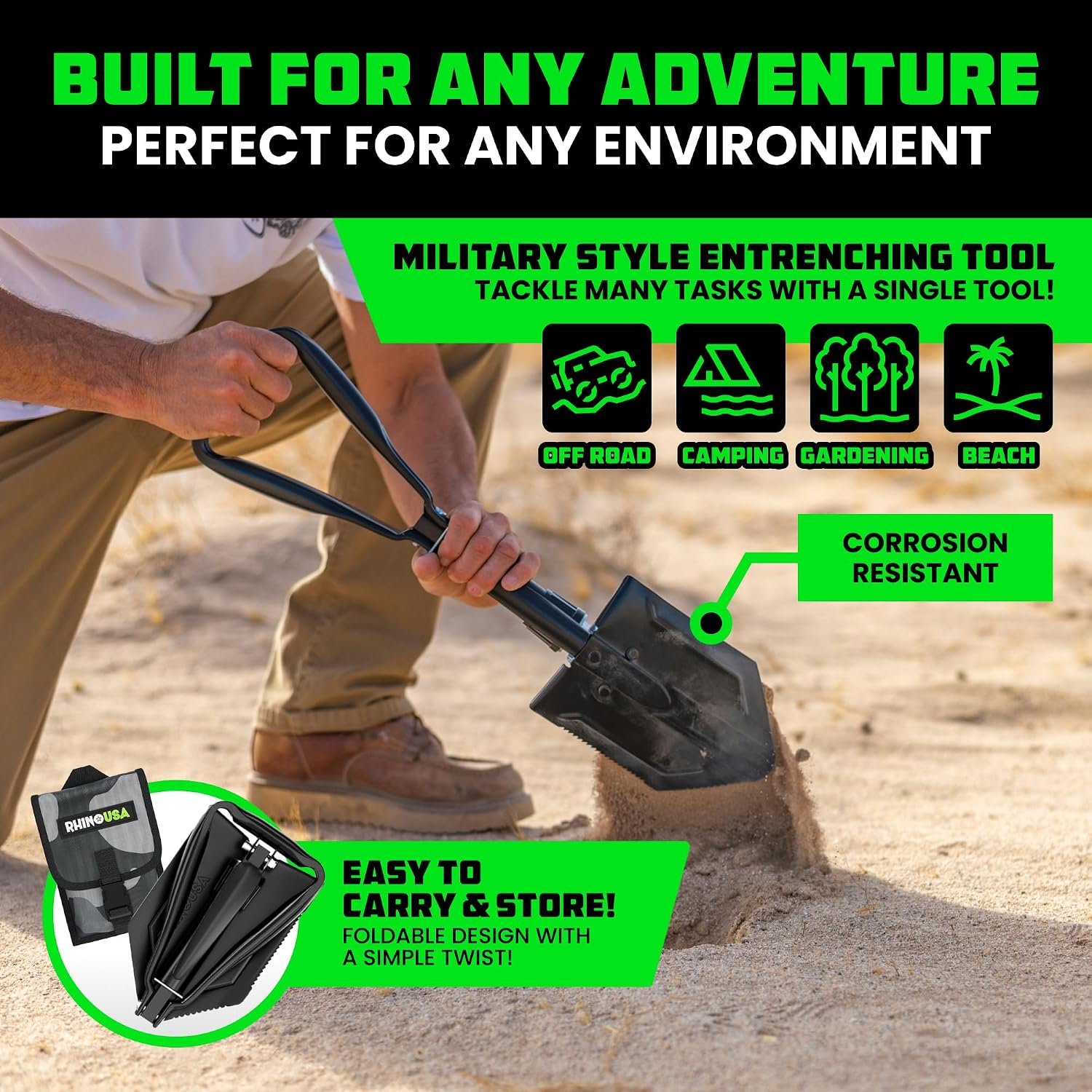 Rhino USA Folding Survival Shovel with Pick - Military Entrenching Tool | Heavy Duty Carbon Steel Folding Tool for Off-Road, Camping, Gardening, Beach. For Dirt, Sand, Mud & Snow Digging. Black - Image 6
