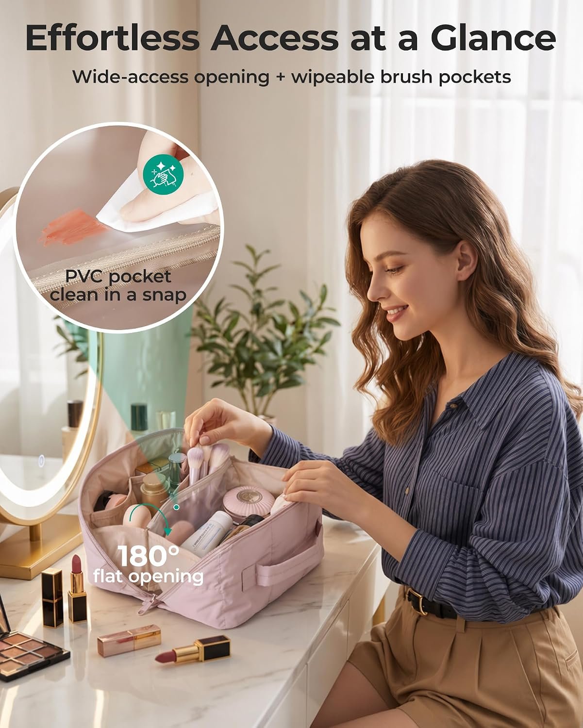 BAGSMART Easy-Access Makeup Bag, Water-Resistant Travel Toiletry Organizer | Open Flat, Portable, Make Up Organizer, Water-resistant, Puffy Padded, For Toiletries, Brushes - Image 3