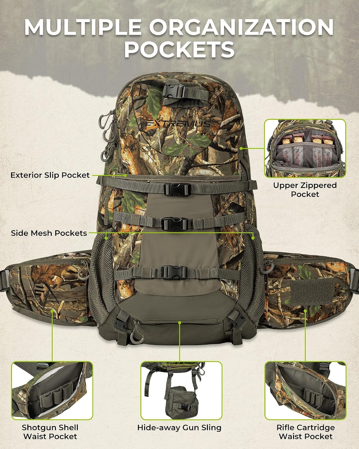Extremus by KastKing Timber Trail Hunting Backpack for Men, Hunting Pack | Quiet Hunting Bag, Rifle Sling, Ammo Storage, Rain Cover Included, Hydration Compatible, Tree Stand & Climbing Stick Carry - Image 5