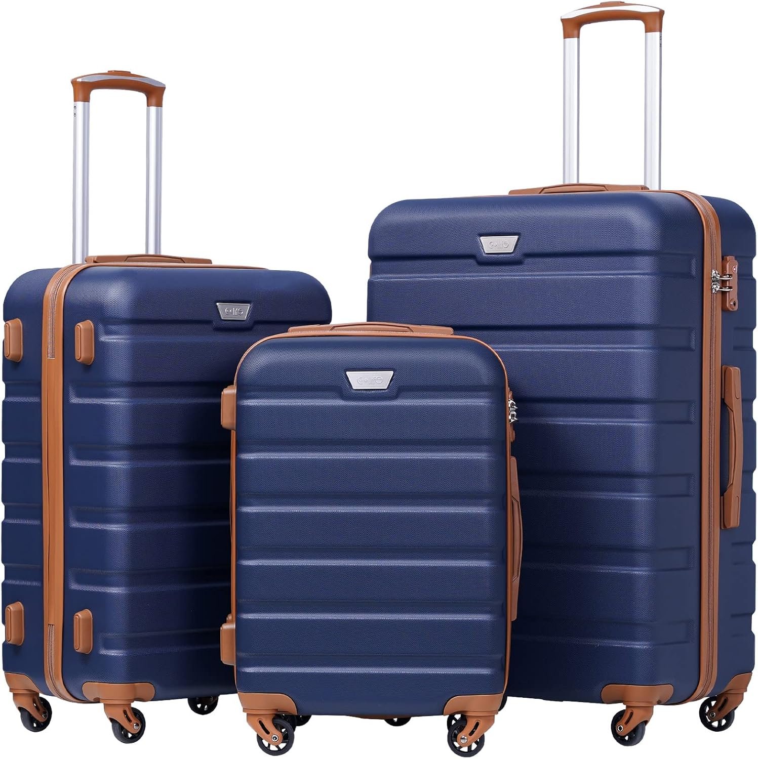 Coolife Luggage Set, Lightweight Durable Hardshell, 3 piece, Apricot Navy | suitcase set with 360° Spinner Wheels, TSA-approved Lock, Checked Family Travel, 20/24/28 Inch