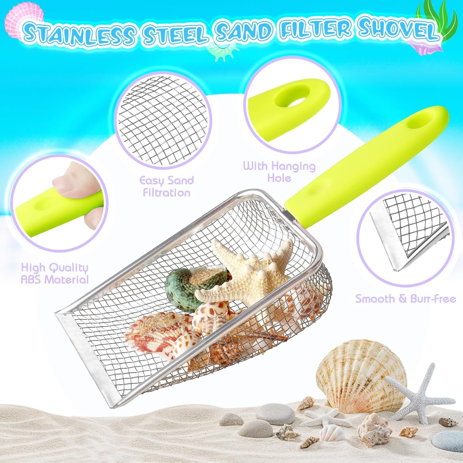 FHOZGECY 2 Pack Beachcombing Kit with Sifters for Beach Vacation Essentials | Collapsible Buckets, Stainless Mesh Sifters, Scoops and Mesh Bags for Shelling, Outdoor Exploration Play for Kids Ages 3-12 - Image 2