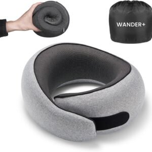 WANDER PLUS® Travel Pillow, 100% Pure Memory Foam Travel Neck Pillow Airplane Neck Support Ergonomic Design Best for Sleeping Plane Car Train Office Flight for Adults Grey