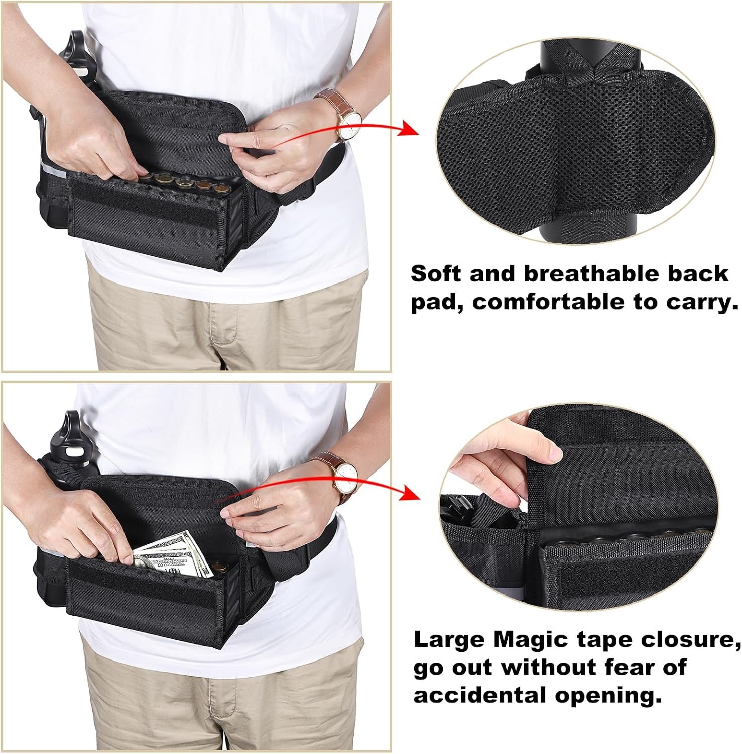 BSTKEY US Coin Holder Coin Dispenser with Water Bottle Holder, Fanny Pack with Banknote Waiters Purse Coin Sorter Coin Organizer, Black Coin Storage Bag with Belt for Waitress Serve Hiking Walking - Image 7