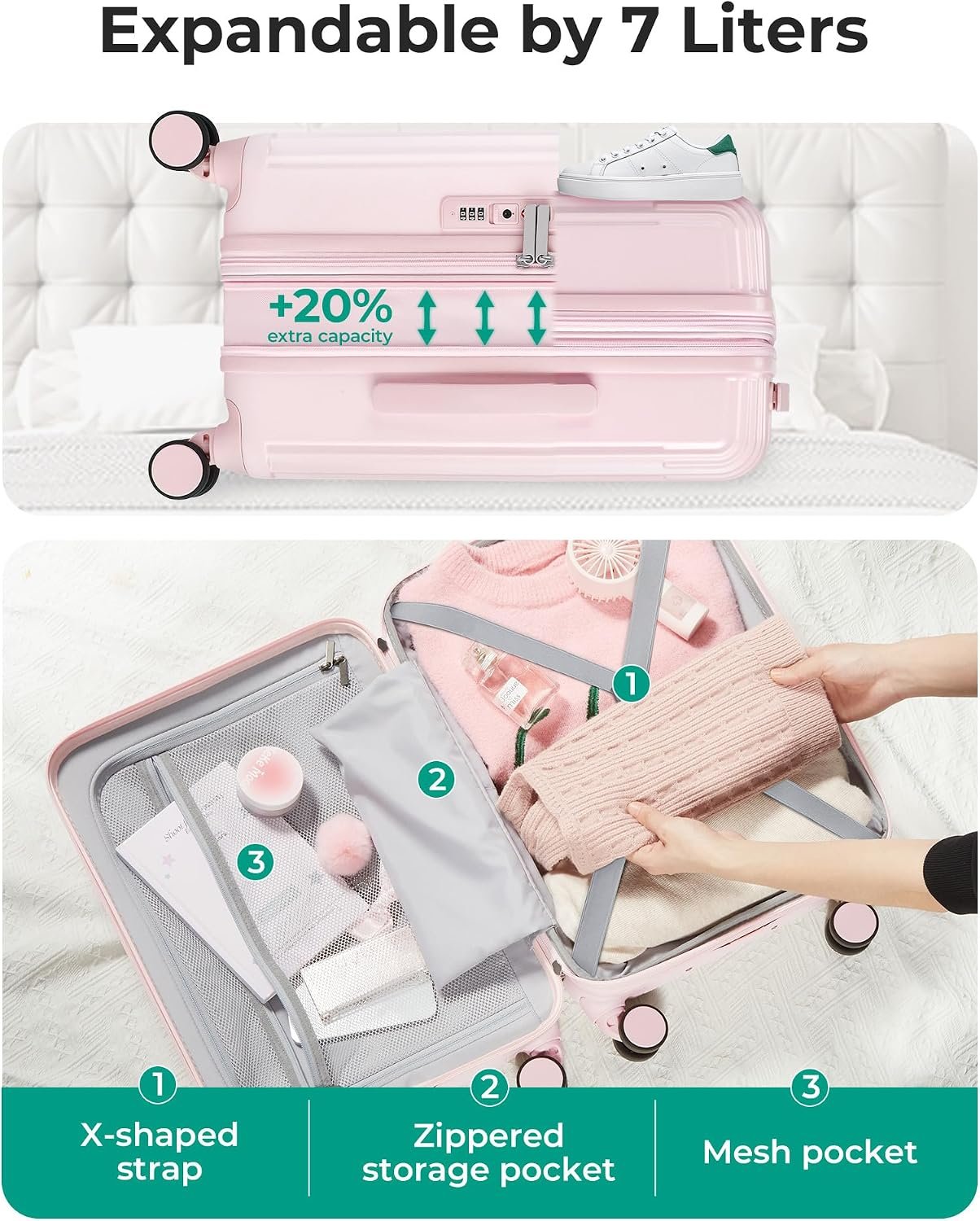 BAGSMART 20" Spinner Carry-On, PC Hardside Expandable, TSA Lock, Pink - Image 3