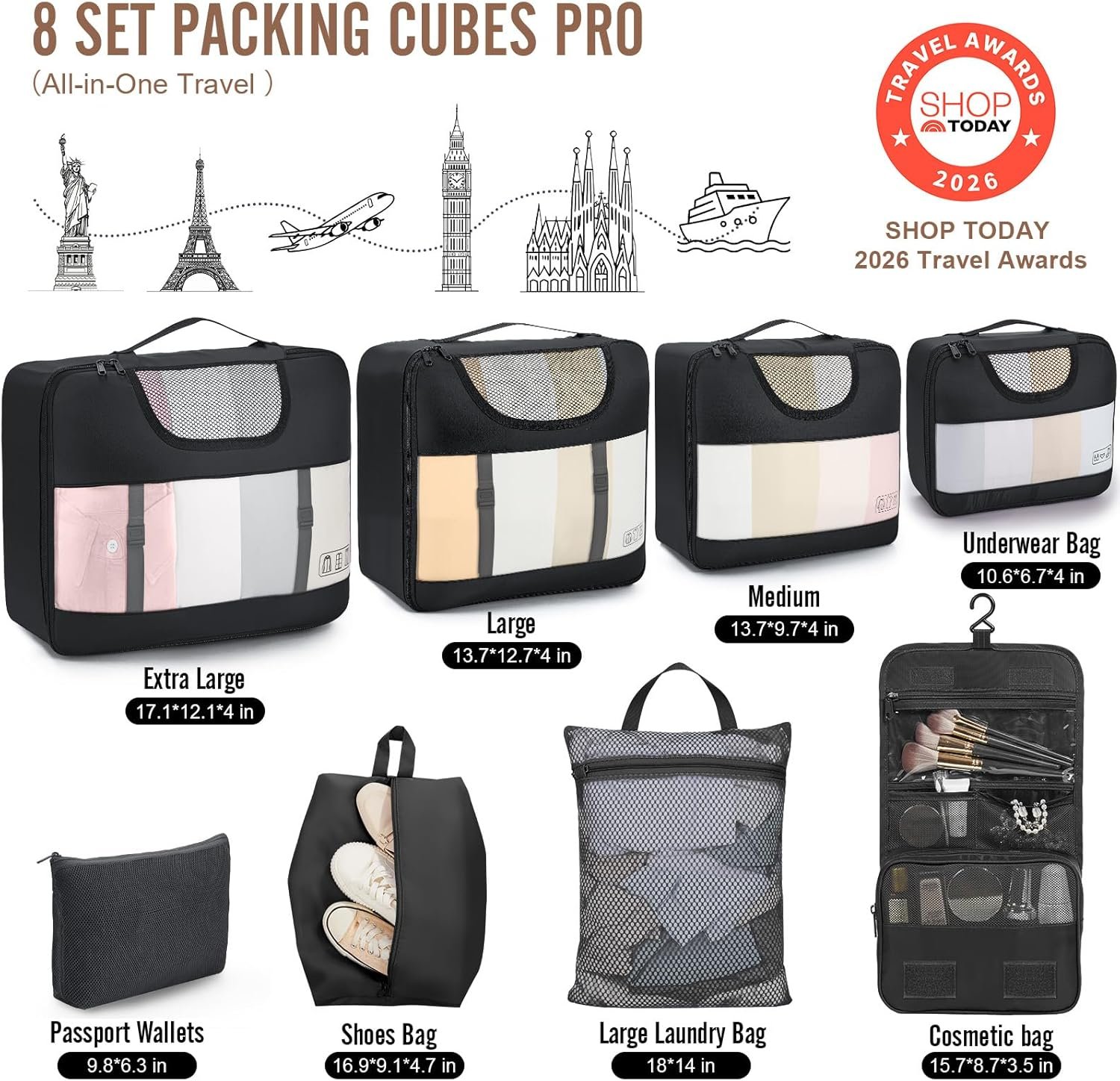 Veken 10 Set/8 Set Packing Cubes for Travel Essentials,Anti-Wrinkle Buckled Suitcase Organizer for Shoe & Toiletry Bag,Carry On Luggage Bag for Airplane & College Dorm Room Accessories,Women Men Gifts - Image 2