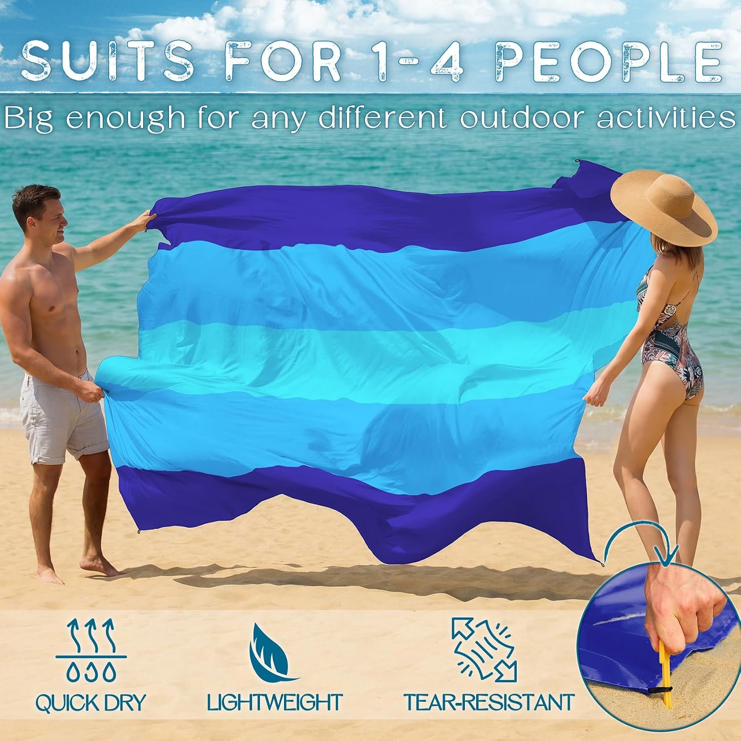 BYDOLL Beach Blanket Waterproof Sandproof Large Sand Free,78''X81''/10'X9' Oversized Sandless Lightweight Blanket Picnic Mat for Beach Travel Camping Hiking with Stakes - Image 4