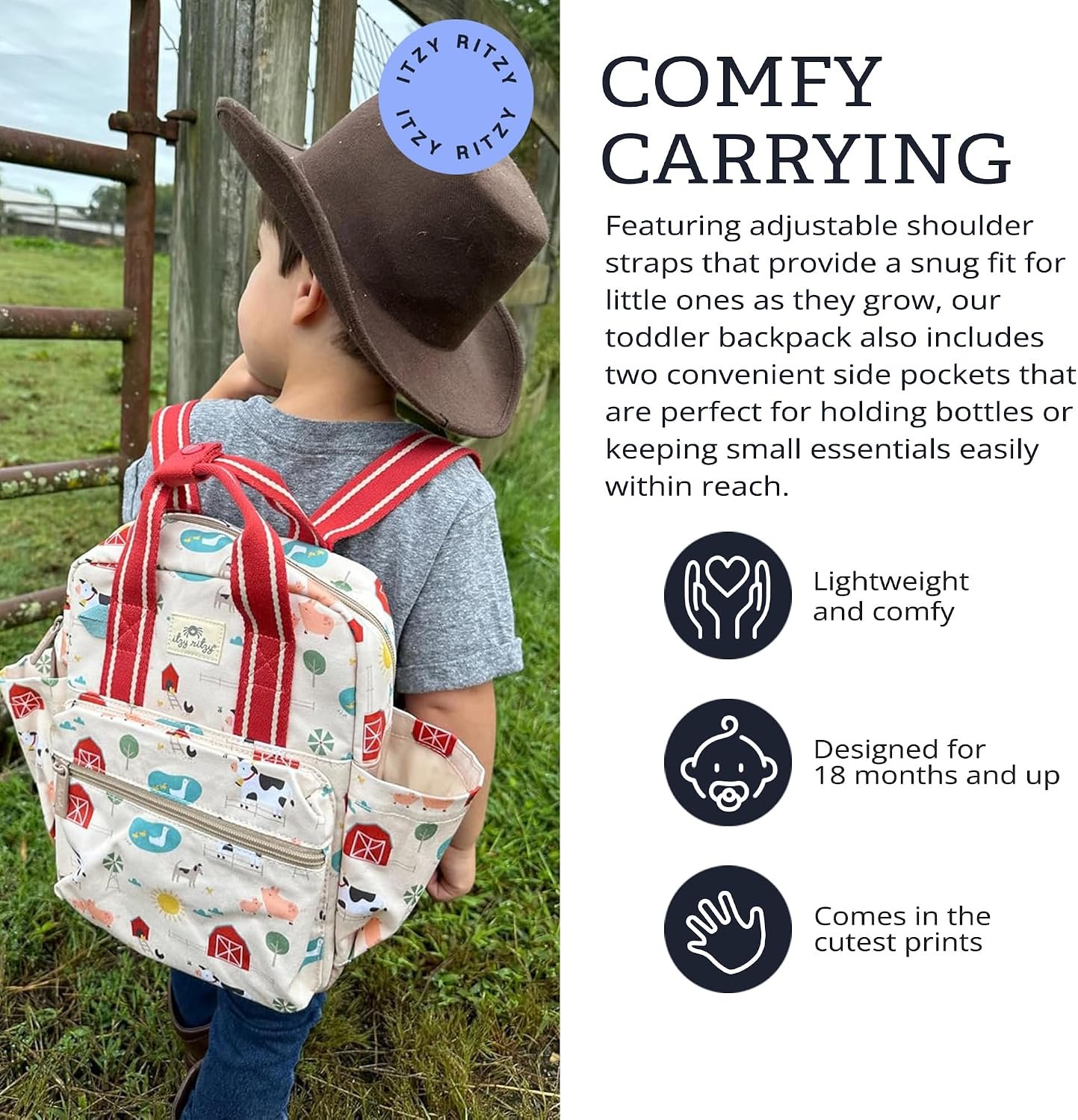 Itzy Ritzy Toddler Backpack, Baby Daycare Bag w/Spacious Interior (Farm) | Adjustable Straps, Wipeable Lining, 2 Side Pockets, Front Zipper, & Name Label - Keeps Essentials Organized for Daily Travel - Image 4