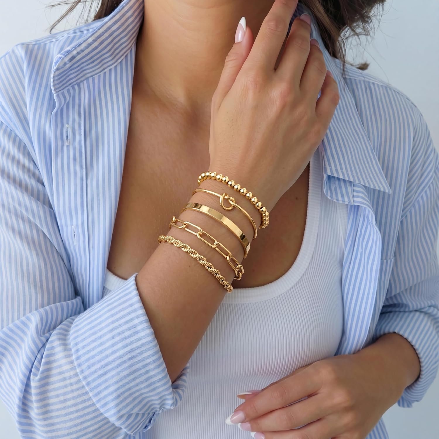 Gold Bracelets Set for Women Non Tarnish, Waterproof 14K Gold Plated Sterling Silver Chunky Cuff Bracelet Stackable Gold Bangles Bracelet for Women Trendy Fashion Accessories Tie Knot Cuban Rope Paperclip Beaded Bracelet Stack Jewelry Mothers Day Gifts for Mom Birthday - Image 5