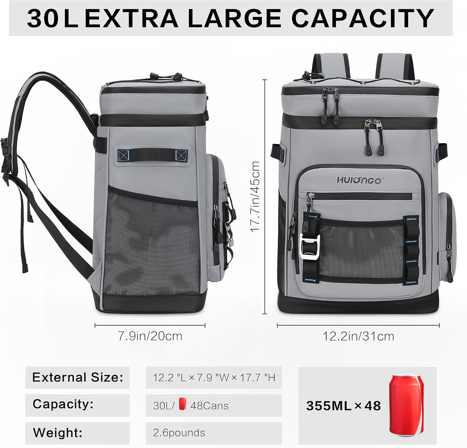 Hulongo Large Waterproof Insulated Cooler Backpack, 30L, 48Cans | Men & Women, Leak Proof, for Camping, Beach, Fishing, Picnic, Travel, Outdoor - Image 2