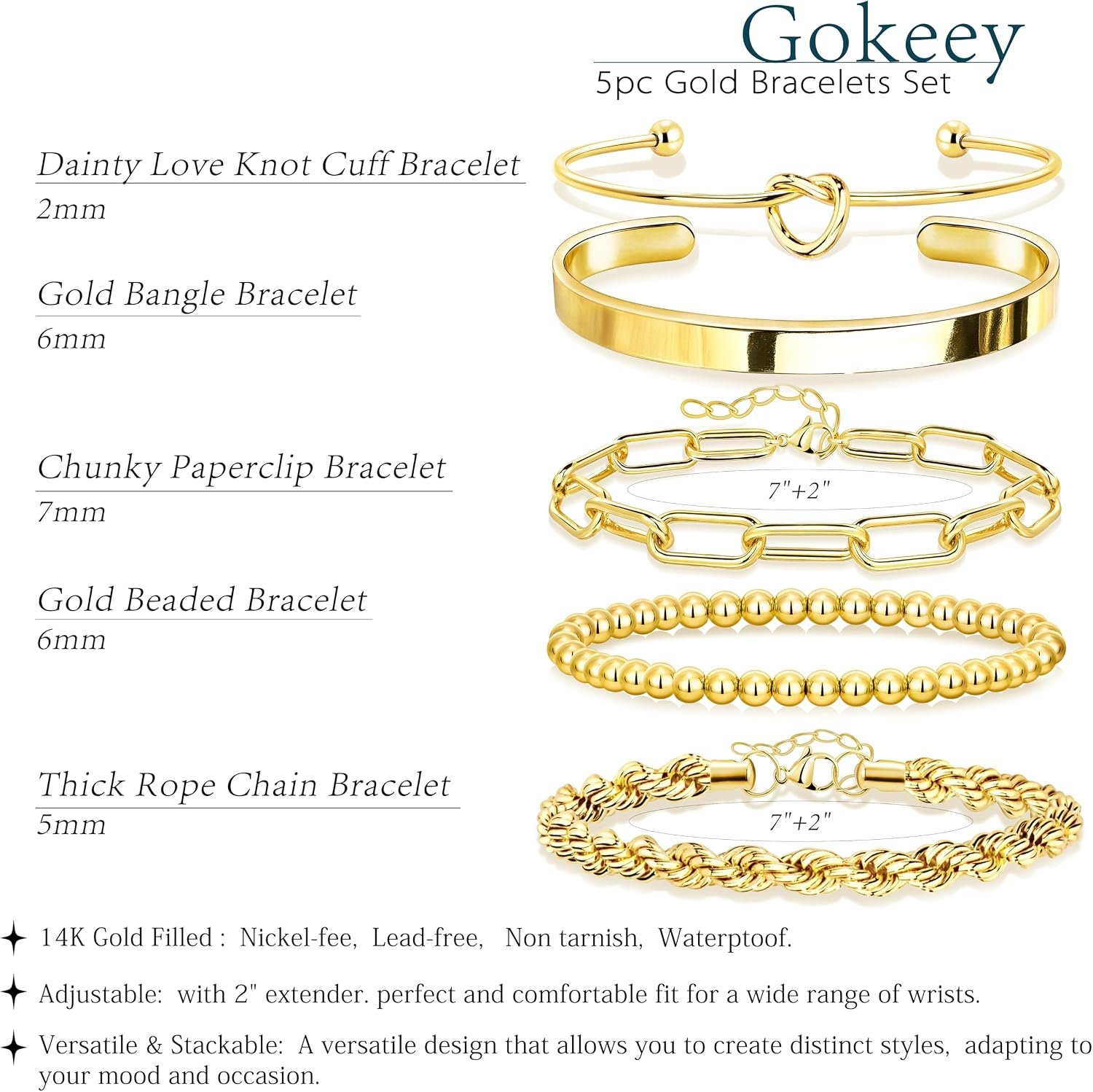 Gold Bracelets Set for Women Non Tarnish, Waterproof 14K Gold Plated Sterling Silver Chunky Cuff Bracelet Stackable Gold Bangles Bracelet for Women Trendy Fashion Accessories Tie Knot Cuban Rope Paperclip Beaded Bracelet Stack Jewelry Mothers Day Gifts for Mom Birthday - Image 3