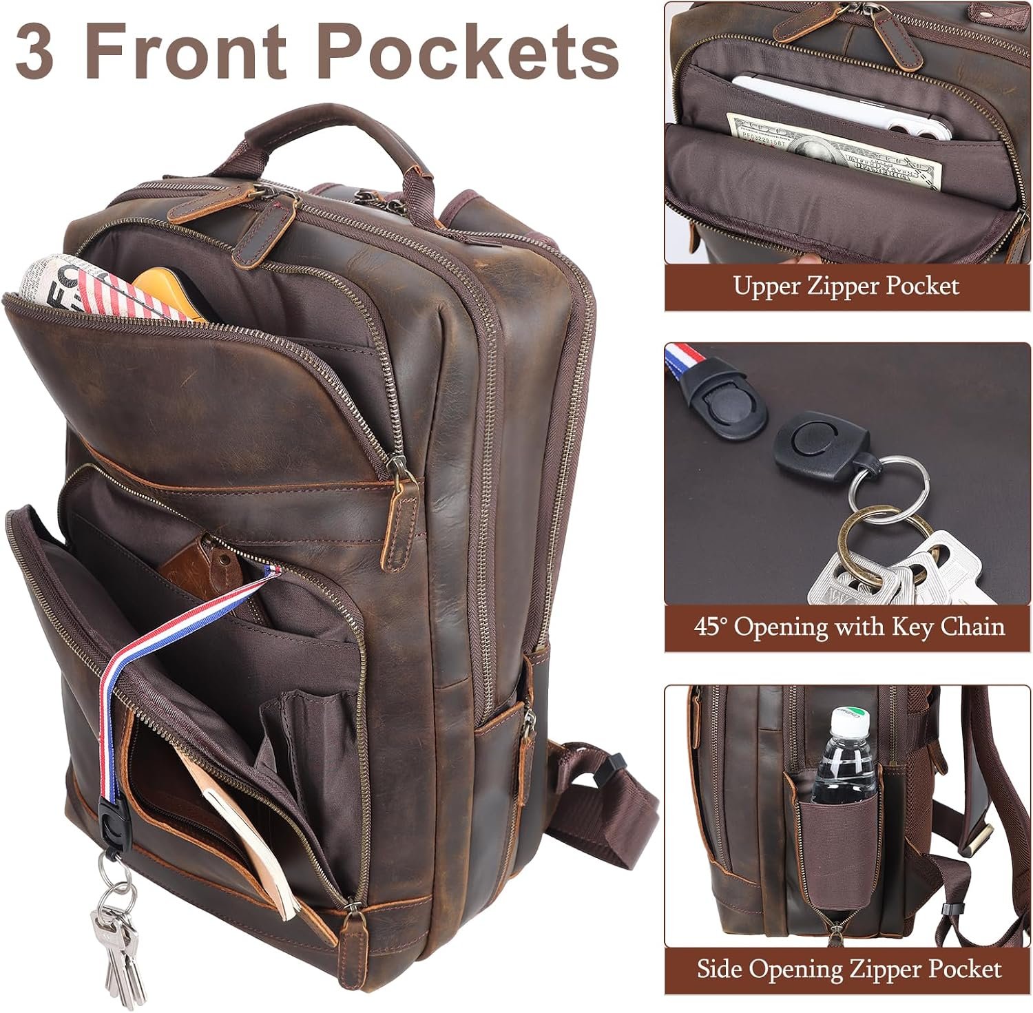 Masa Kawa Brown Leather Laptop Backpack for Men 16 Inch Compute Work Bag | Vintage Cowhide Overnight Camping Weekender Travel Large College Daypack with Water Bottle Holder - Image 5