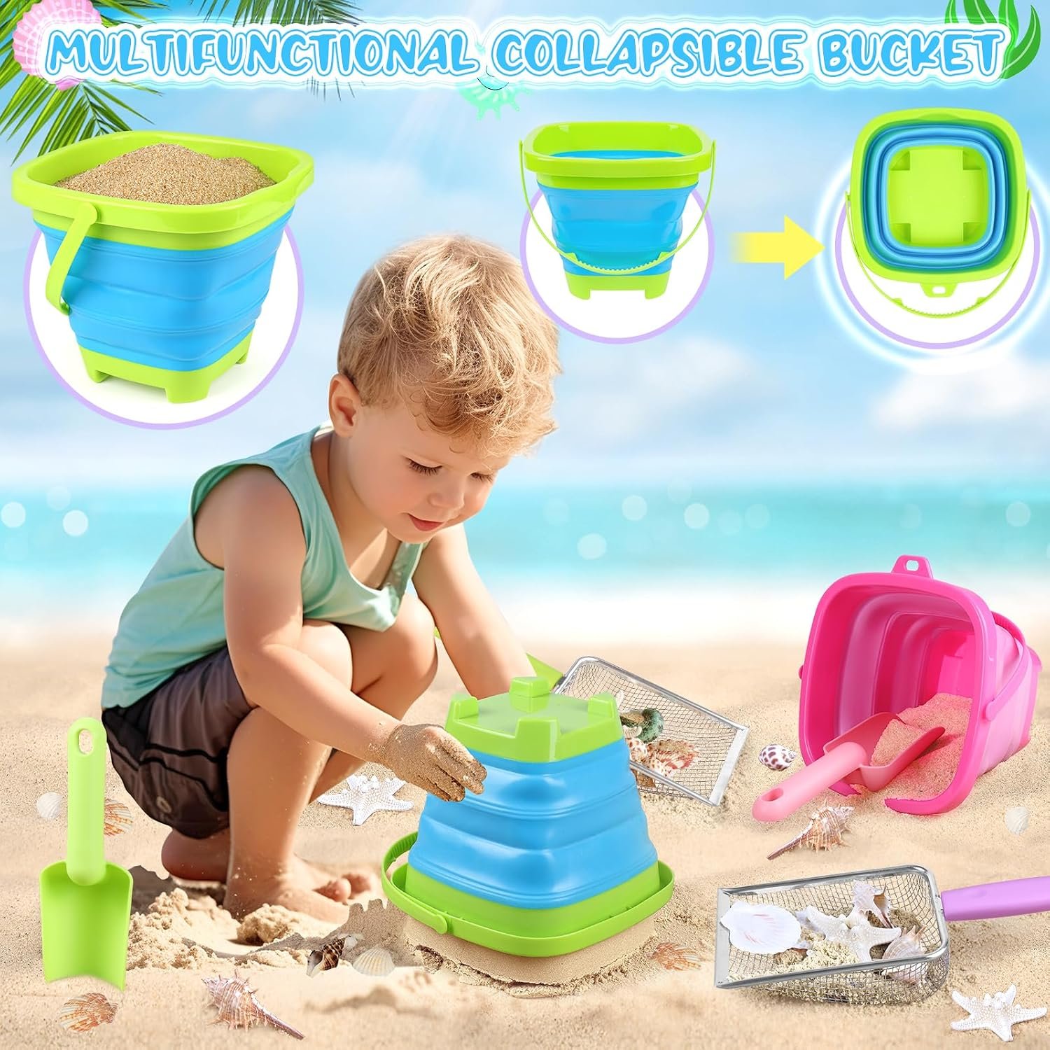 FHOZGECY 2 Pack Beachcombing Kit with Sifters for Beach Vacation Essentials | Collapsible Buckets, Stainless Mesh Sifters, Scoops and Mesh Bags for Shelling, Outdoor Exploration Play for Kids Ages 3-12 - Image 3