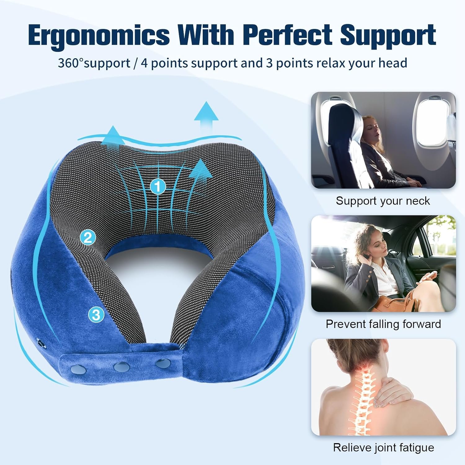 Cirorld Neck Pillow for Traveling, Travel Pillows for Airplanes Dark Blue | 100% Memory Foam Travel Neck Pillow, Adjustable Flight Pillow, Portable Plane Accessories with Eye Mask, Earplugs, Carry Bag - Image 9