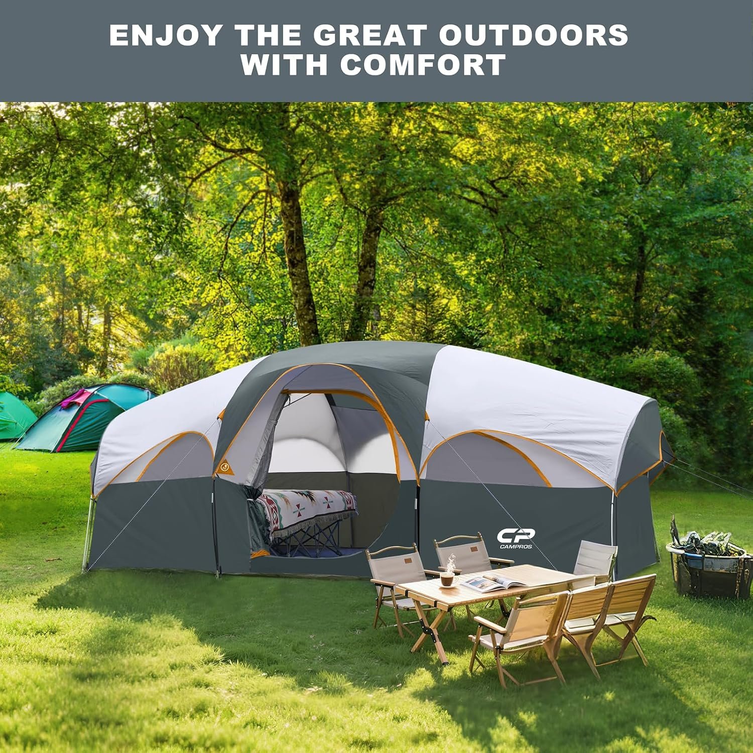 CAMPROS CP 8 Person Camping Tent, Room Divider, Rainfly, Weather Resistant | Family tent with 5 large mesh windows, double-layer design, and a carry bag, 14' x 9' x 72"(H) - Image 7