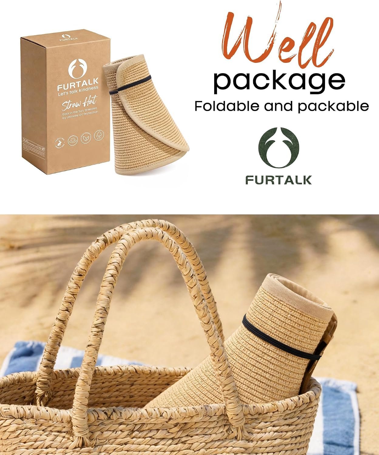 FURTALK Womens Sun Hat with Ponytail Hole Wide Brim Beach Straw Visor | Foldable & Packable for Beach Vacations, Adjustable Fit for Messy Buns, Detachable Windproof Strap, Sweat-Wicking Inner Band - Image 5