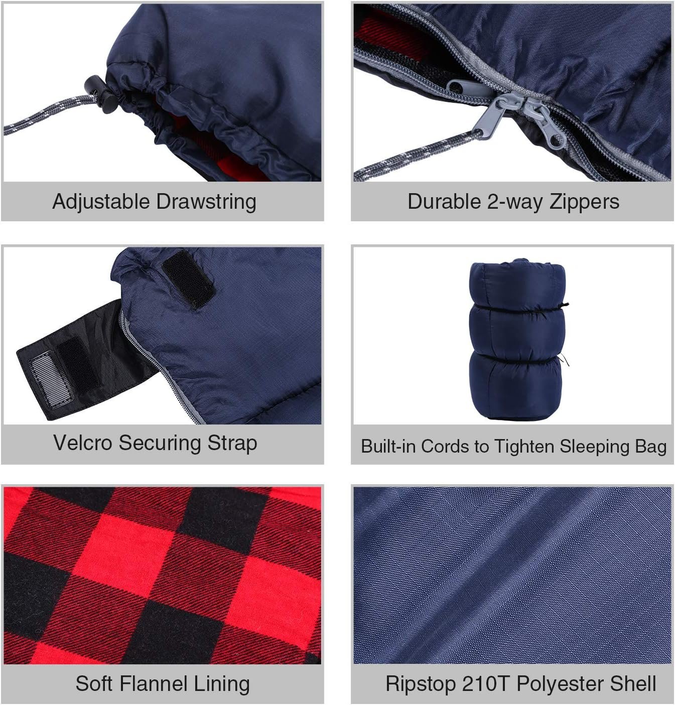 REDCAMP Cotton Flannel Sleeping Bag for Camping Backpacking, Adults Cold Weather Envelope Sleeping Bags with 2/3/4/6lbs Filling - Image 3