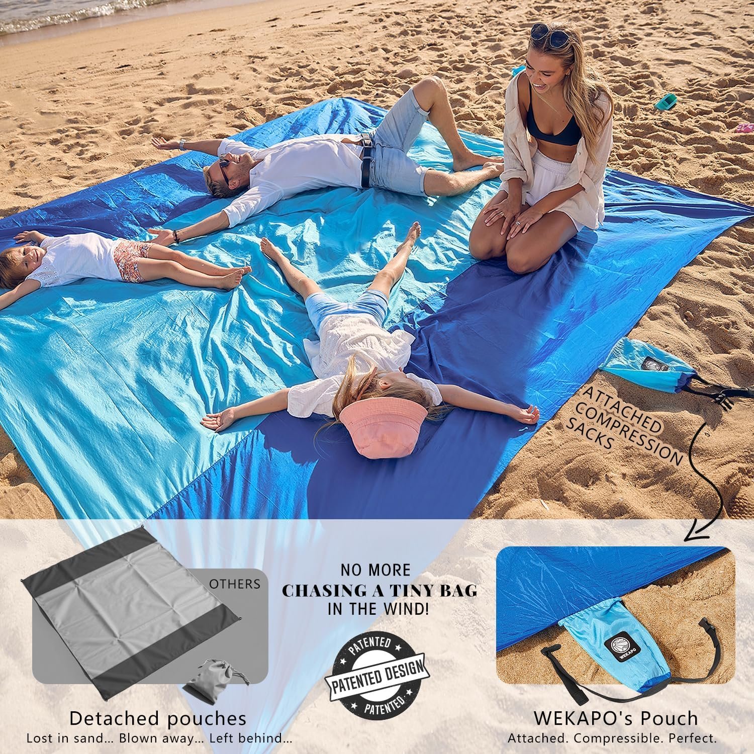 WEKAPO Beach Blanket Sandproof Waterproof, Extra Large Beach Mat, Oversized & Compact Sand Free, Quick Drying Beach Essentials for Vacation, Cruise, Picnic & Camping with Stakes - Image 3