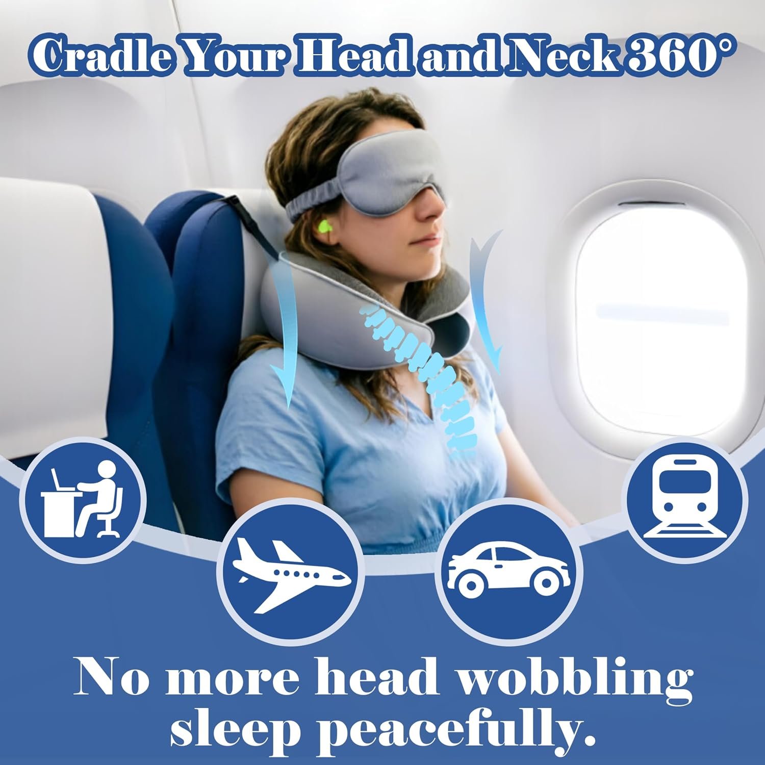 Travel Pillow for Long Flight Airplanes, Adjustable Memory Foam Neck Support Headrest w Head Strap & Eye Mask for Sleep, 360°Support Prevent Head Bobbing, w Earplug Pocket&Earplugs, Carry Bag - Image 7