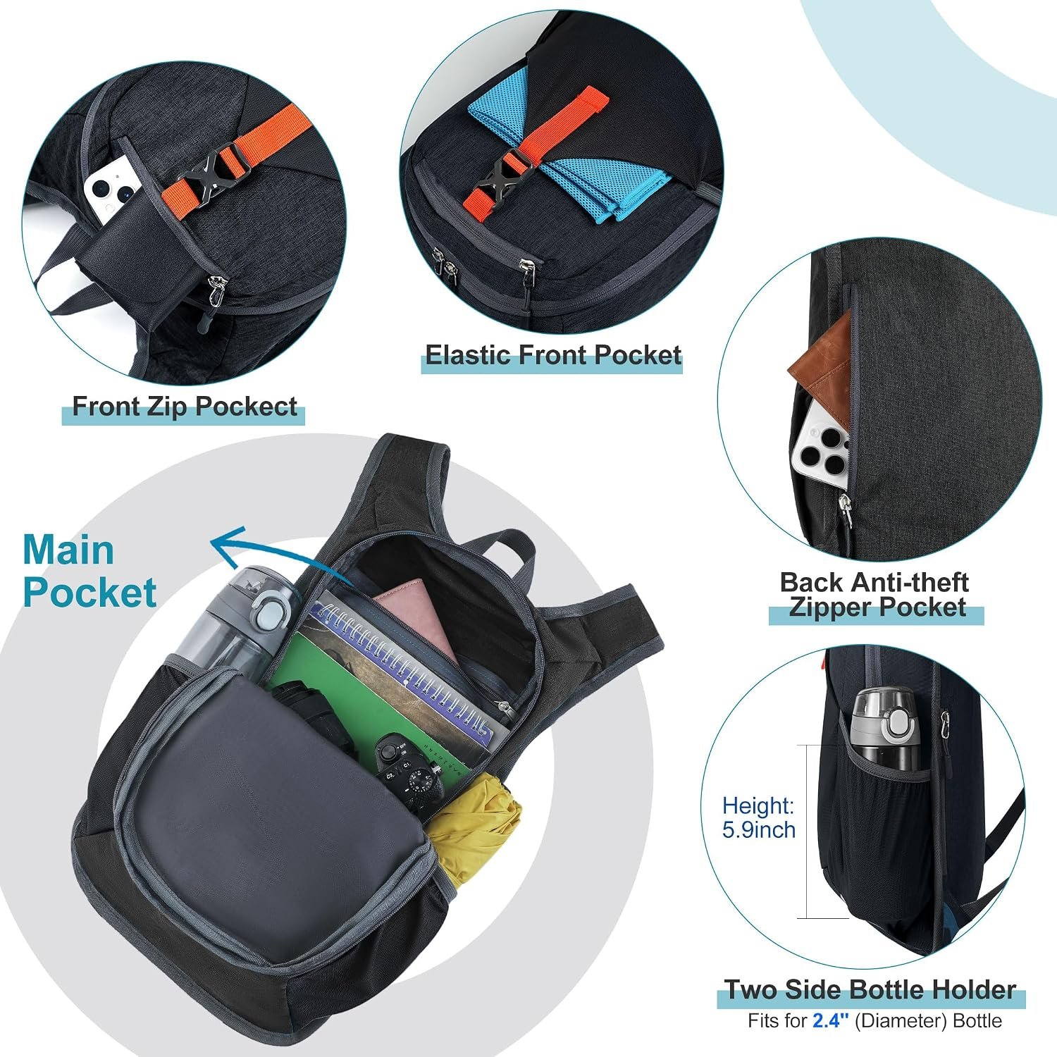 FIORETTO 10L Hiking Backpack for Men Women Lightweight Foldable Small Daypack for Travel Camping Outdoor, Black - Image 4
