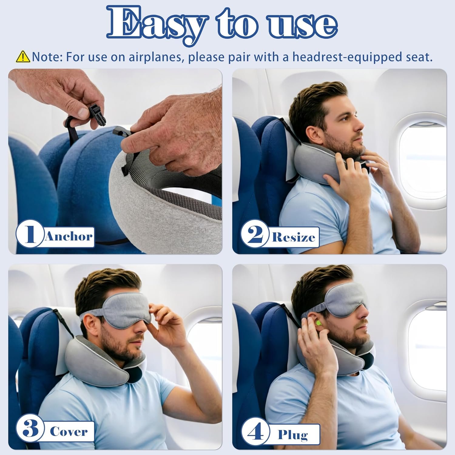 Travel Pillow for Long Flight Airplanes, Adjustable Memory Foam Neck Support Headrest w Head Strap & Eye Mask for Sleep, 360°Support Prevent Head Bobbing, w Earplug Pocket&Earplugs, Carry Bag - Image 4