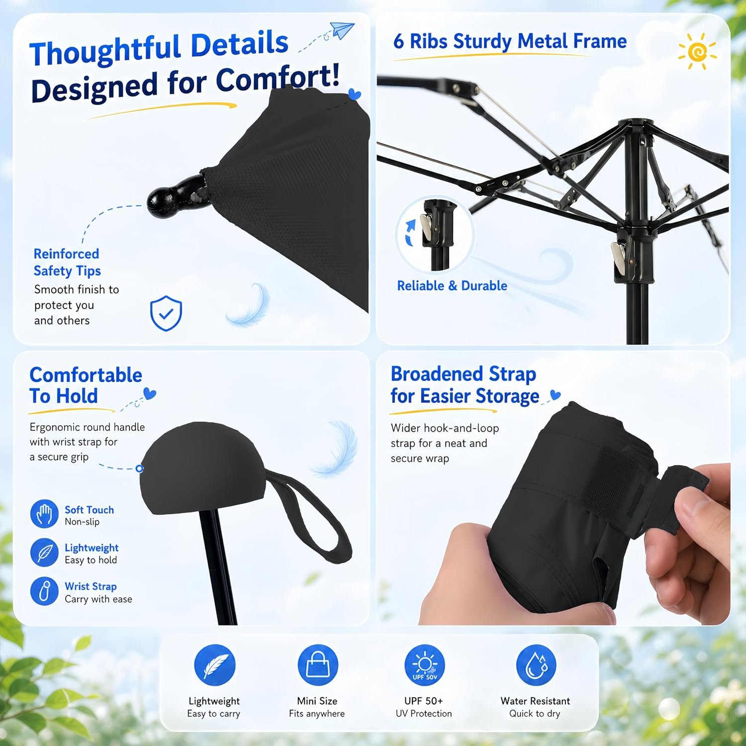 BAODINI Mini Travel Umbrella with UV Sun Protection, Compact Pocket-Size | 8.6 oz Lightweight, Small Portable for Sun & Rain, Fit Purse & Backpack, Travel essentials for Disney & European Trip - Image 4