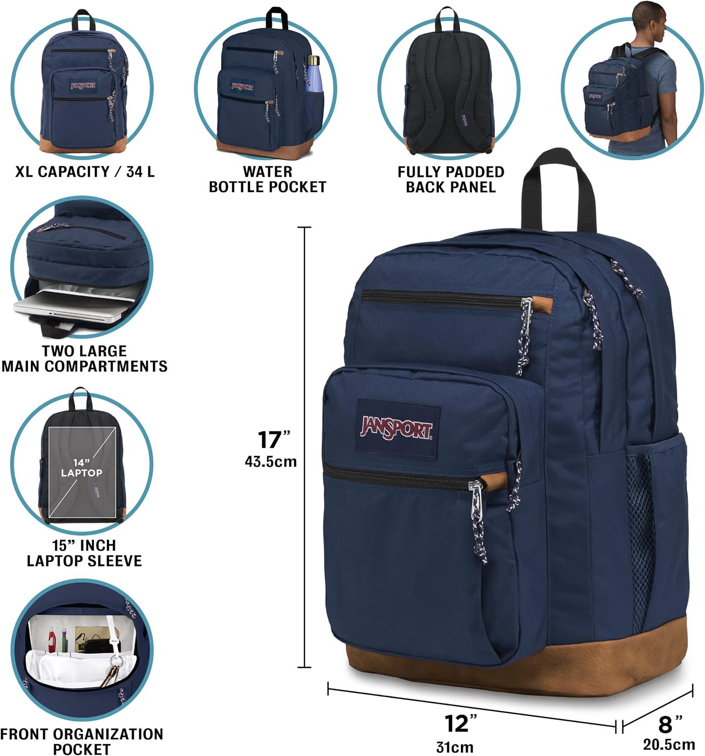 JanSport Cool Backpack, with 15-inch Laptop Sleeve - Large Computer Bag Rucksack with 2 Compartments, Ergonomic Straps, Black | Ergonomic Straps, Waterbottle Pocket, Campus Weekender Travel Rucksack - Image 6