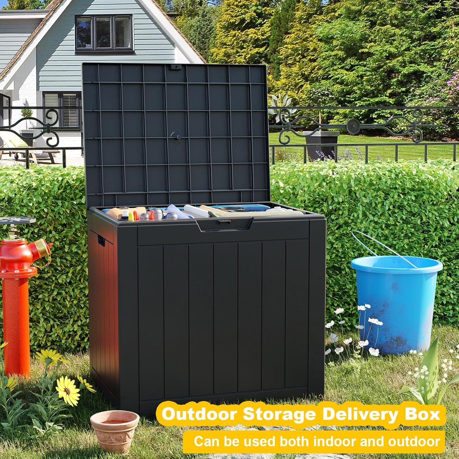 35 Gallon Outdoor Deck Box Lockable Waterproof Storage Black | Heavy-duty resin container for indoor and outside use. Patio cushions, garden equipment, pool accessories, outdoor tools - Image 8