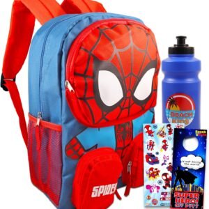 Spiderman Backpack for School Bundle w/ 16" Deluxe Bookbag for Boys | Large Durable Spider-Man School Bag w/ 4 Zip Pockets Plus Water Bottle, Stickers, More - Spider Man School Supplies