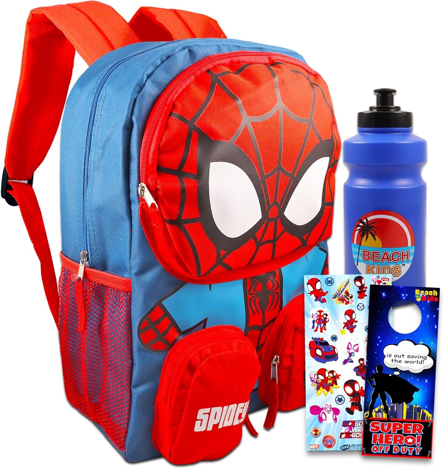 Spiderman Backpack for School Bundle w/ 16" Deluxe Bookbag for Boys | Large Durable Spider-Man School Bag w/ 4 Zip Pockets Plus Water Bottle, Stickers, More - Spider Man School Supplies