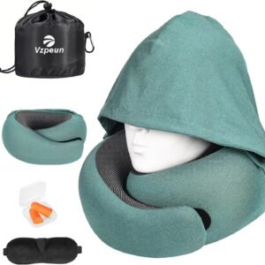Travel Pillow - Hooded Neck Pillow Airplane Memory Foam Filling | for Plane, Office, Cars Sleeping, Road Trip, Long Flights Essentials, Includes Eye Mask & Earplugs (Green)
