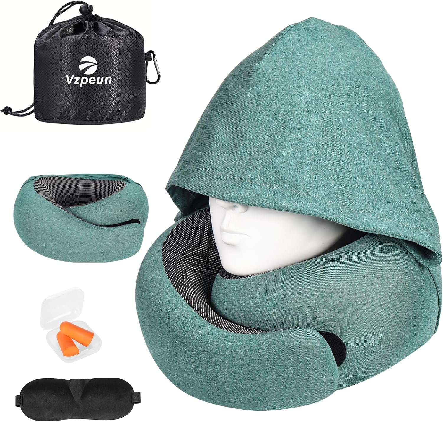 Travel Pillow - Hooded Neck Pillow Airplane Memory Foam Filling | for Plane, Office, Cars Sleeping, Road Trip, Long Flights Essentials, Includes Eye Mask & Earplugs (Green)
