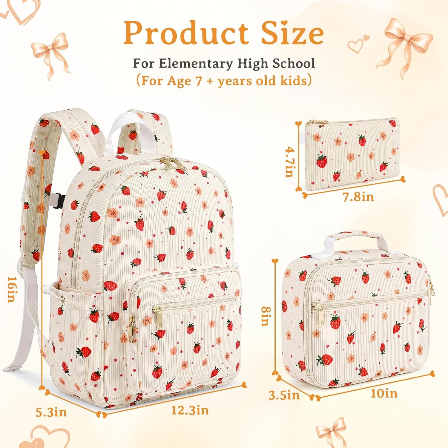 Corduroy Girls Backpack Set，Cute School Backpack for Teens Girls Kids Bookbags for Elementary High School Women Laptop Bags Daypacks Set With Lunch Bag and Pencil Case (Beige Strawberry, 3 Set) - Image 6