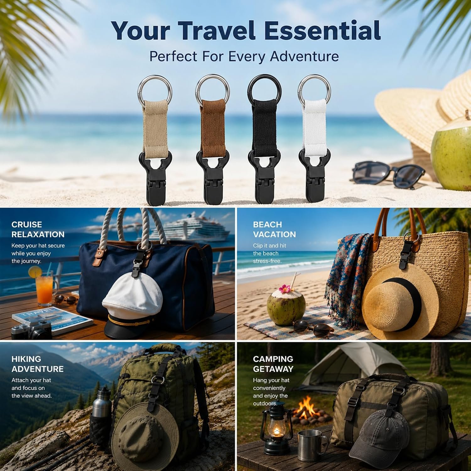 Hat Clip for Travel on Bag, 4 Pack Travel Hat Clip Holder for Backpack | Hands Free Hat Holder for Travel, Vacation Beach Cruise Essentials Accessory, Keep Hat Shaped, for Handbag Luggage - Image 2