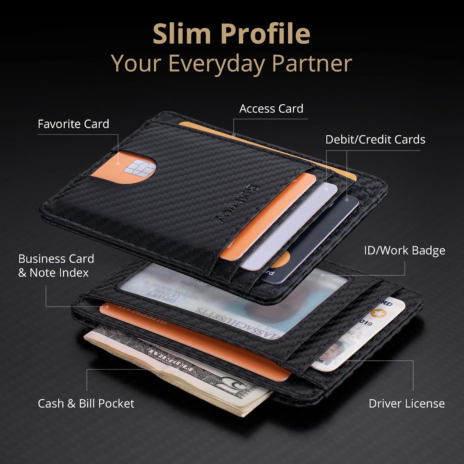 Buffway Slim Minimalist Front Pocket RFID Blocking Leather Wallets for Men and Women - Carbon Fiber Black - Image 3