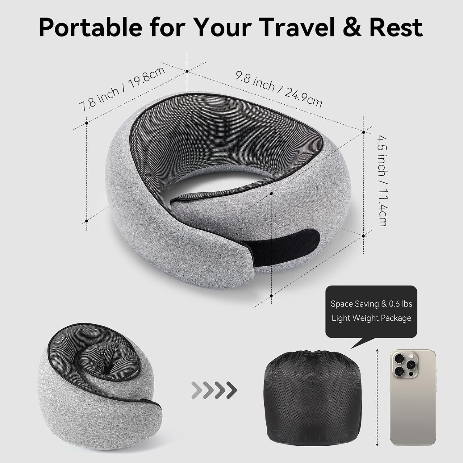 Travel Neck Pillow for Airplanes, Memory Foam Neck Pillow with Ergonomic 360° Support, Compact Design for Plane, Car & Office Travel Essentials, Gray - Image 4