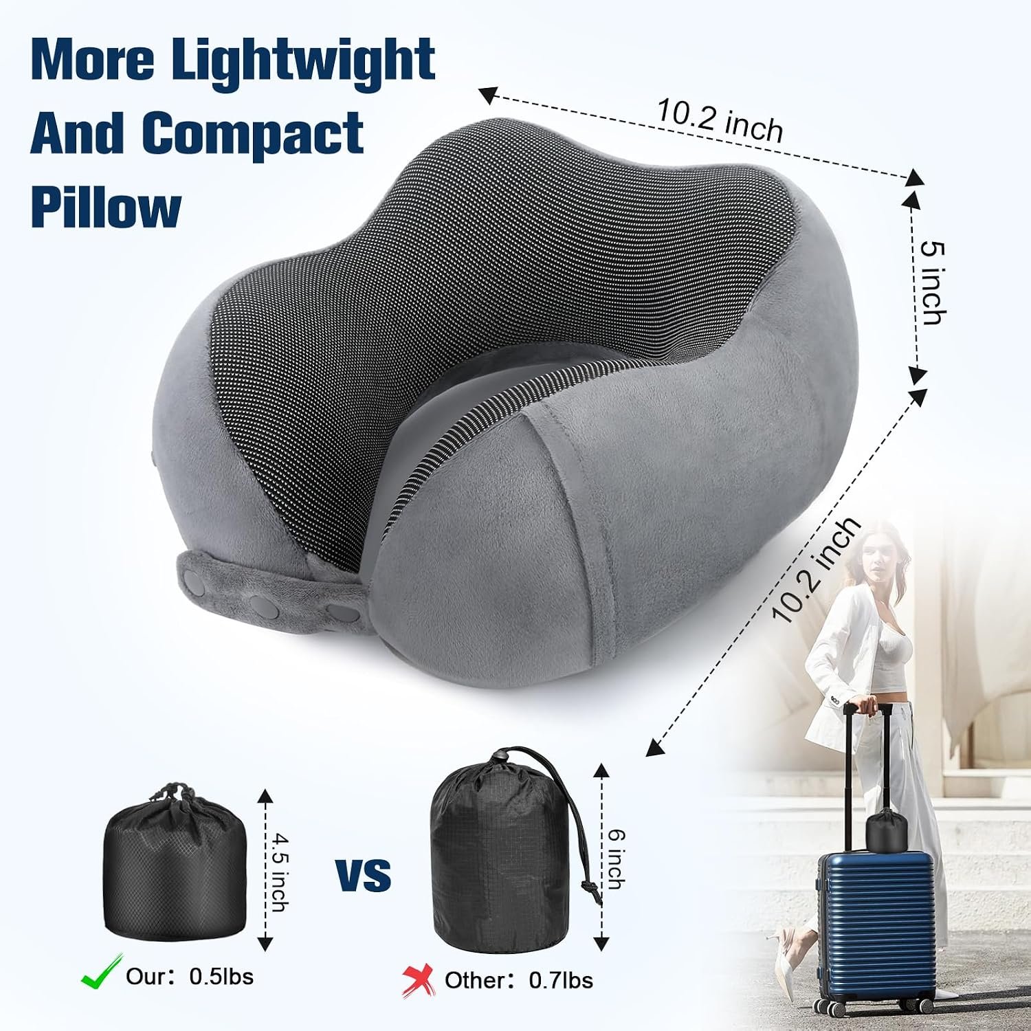 Cirorld Neck Pillow for Traveling, Travel Pillows for Airplanes Grey | 100% Memory Foam Travel Neck Pillow, Adjustable Flight Pillow, Portable Plane Accessories with Eye Mask, Earplugs, Carry Bag - Image 3