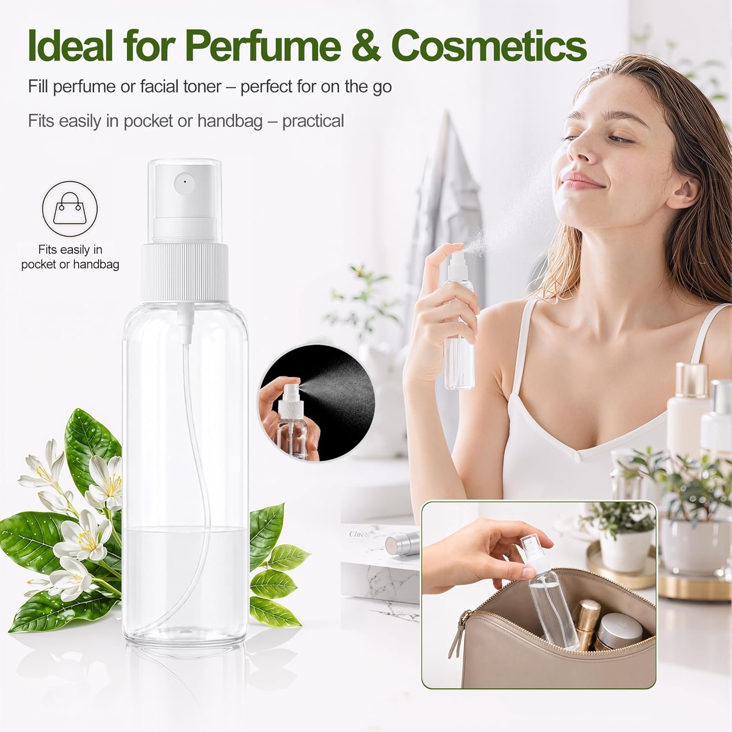 5-Pack Spray Bottles 3.4oz, Small Spray Bottle Empty Clear Plastic Bottle | Clear Plastic for Travel, for essential oils, perfume, cosmetics, cleaning, gardening, skin care, travel leak-proof - Image 4